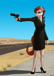 Size: 1419x2000 | Tagged: safe, artist:apocheck13, oc, species:anthro, species:earth pony, species:plantigrade anthro, species:pony, g4, anthro oc, clothing, coat, desert, female, gun, high heels, mare, shoes, solo, weapon
