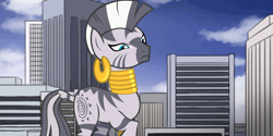 Size: 2160x1080 | Tagged: safe, artist:calebtyink, character:zecora, g4, building, city, female, giant zebra, giant/giantess/macro zecora, giantess, looking down, macro, mega zecora, this well end in rampage, zecora is not amused