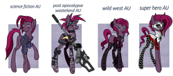 Size: 2799x1235 | Tagged: safe, artist:j053ph-d4n13l, character:fizzlepop berrytwist, character:tempest shadow, oc, oc:fizzlepop berryfield, oc:shadow temptress, oc:techno shadow, oc:tempest stormblast, species:pony, species:unicorn, g4, alternate hairstyle, alternate universe, amputee, armor, belt, broken horn, choker, cigarette, clothing, commission, corset, cyborg, eye scar, female, fishnets, goggles, grenade, gun, handgun, hat, holster, horn, jacket, knife, mare, mask, missing cutie mark, one eye closed, pistol, post-apocalyptic, pouch, prosthetic limb, prosthetics, radio, raised hoof, rifle, robot, robot pony, scar, simple background, smoke, smoking, sniper rifle, solo, spiked choker, stockings, superhero, thigh highs, transparent background, weapon, wink