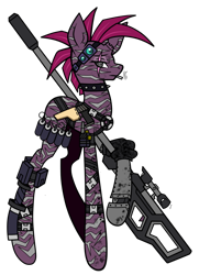 Size: 749x1035 | Tagged: safe, artist:j053ph-d4n13l, character:fizzlepop berrytwist, character:tempest shadow, oc, oc:tempest stormblast, species:pony, species:unicorn, g4, alternate hairstyle, alternate universe, belt, broken horn, choker, cigarette, commission, cyborg, eye scar, female, goggles, grenade, gun, handgun, holster, horn, knife, mare, missing cutie mark, pistol, post-apocalyptic, pouch, raised hoof, rifle, scar, simple background, smoke, smoking, sniper rifle, solo, spiked choker, transparent background, weapon