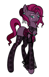 Size: 605x959 | Tagged: safe, artist:j053ph-d4n13l, character:fizzlepop berrytwist, character:tempest shadow, oc, oc:fizzlepop berryfield, species:pony, species:unicorn, g4, alternate hairstyle, alternate universe, broken horn, clothing, commission, ear piercing, earring, eye scar, female, fishnet clothing, fishnets, hat, horn, jewelry, mare, missing cutie mark, piercing, scar, simple background, solo, stockings, thigh highs, transparent background