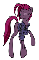 Size: 663x1018 | Tagged: safe, artist:j053ph-d4n13l, character:fizzlepop berrytwist, character:tempest shadow, oc, oc:techno shadow, species:pony, species:unicorn, g4, alternate hairstyle, alternate universe, broken horn, clothing, commission, eye scar, female, horn, jacket, mare, one eye closed, raised hoof, robot, robot pony, roboticization, scar, simple background, solo, transparent background, wink