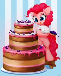 Size: 1500x1868 | Tagged: safe, artist:vensual99, character:pinkie pie, species:earth pony, species:pony, g4, bipedal, blueberry, cake, cute, diapinkes, ear fluff, female, food, frosting, hoof hold, icing bag, mare, solo, stool, tongue out