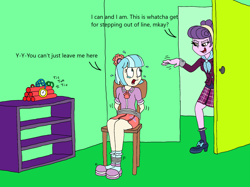 Size: 1878x1408 | Tagged: safe, artist:bugssonicx, character:coco pommel, character:suri polomare, species:eqg human, g4, my little pony:equestria girls, bomb, clothing, crying, crystal prep academy uniform, damsel in distress, dynamite, explosives, leaving, peril, school uniform, shoes, tied to chair, tied up, tnt, weapon