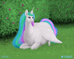 Size: 1200x960 | Tagged: safe, artist:soobel, character:princess celestia, species:alicorn, species:pony, g4, chonk, chubbylestia, fat, open mouth, princess celestia is a horse, smiling, solo