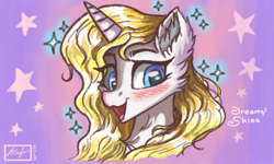 Size: 854x512 | Tagged: safe, artist:dreamyskies, oc, oc:sweetie shy, species:alicorn, species:pony, g4, abstract background, alicorn oc, blushing, bust, happy, horn, looking at you, lowres, magic, open mouth, pony oc, portrait, signature, sparkles, stars, wings