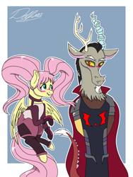 Size: 768x1024 | Tagged: safe, artist:delfinaluther, character:discord, character:fluttershy, species:draconequus, species:pegasus, species:pony, ship:discoshy, g4, blushing, crossover, entrapta, female, hordak, male, pigtails, she-ra and the princesses of power, shipping, straight