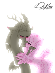 Size: 768x1024 | Tagged: safe, artist:delfinaluther, character:discord, character:fluttershy, species:draconequus, species:pegasus, species:pony, ship:discoshy, g4, blushing, eyes closed, female, kissing, male, shipping, straight