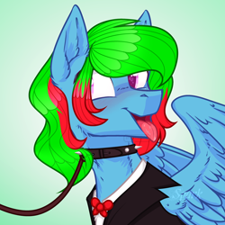 Size: 960x960 | Tagged: safe, anonymous artist, artist:sparkling_light, oc, oc:precised note, species:pegasus, species:pony, g4, bow tie, bust, clothing, collar, eyelashes, gradient background, heart eyes, leash, looking sideways, open mouth, pet play, portrait, smiling, suit, tongue out, tuxedo, two toned mane, watermark, wingding eyes, wings
