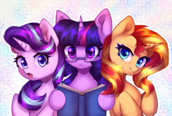 Size: 2855x1932 | Tagged: safe, artist:avrameow, character:starlight glimmer, character:sunset shimmer, character:twilight sparkle, character:twilight sparkle (unicorn), species:pony, species:unicorn, g4, book, counterparts, cute, female, glasses, looking at you, mare, open mouth, trio, trio female, twilight's counterparts