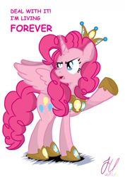 Size: 1024x1448 | Tagged: safe, artist:teammagix, character:pinkie pie, species:alicorn, species:pony, alicornified, annoyed, deal with it, forever, immortality, pinkiecorn, race swap, xk-class end-of-the-world scenario