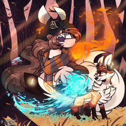 Size: 2000x2000 | Tagged: safe, artist:jxst-starly, oc, oc:yasy, species:fox, species:pegasus, species:pony, g4, bandage, body markings, clothing, falling leaves, fence, fire, fire magic, flowing mane, fluffy, fluffy tail, forest, forest background, grass, grass field, grassy field, jewelry, long hair, long mane, long tail, magic, markings, necklace, pegasus oc, ponimal, rock, scarf, tree, tree trunks, water, water magic, wings, yellow grass