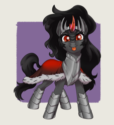 Size: 2362x2600 | Tagged: safe, artist:taytinabelle, character:king sombra, species:pony, species:unicorn, g4, armor, armored legs, armored pony, blep, boots, cape, chestplate, clothing, colored horn, crown, curved horn, cute, female, horn, jewelry, looking at you, mare, queen umbra, regalia, rule 63, rule63betes, shoes, simple background, smiling, solo, tongue out, umbradorable, wide stance