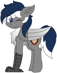Size: 3496x4475 | Tagged: safe, artist:skylarpalette, oc, oc only, oc:blitz streak, species:hippogriff, species:pony, g4, big wings, blue eyes, blue mane, cheek fluff, chest fluff, colored, cute, ear fluff, flat colors, fluffy, gray coat, happy, hippogriff oc, looking back, male, one eye closed, simple background, smiling, stallion, standing, talons, transparent background, wings, wink