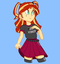 Size: 1024x1084 | Tagged: safe, artist:pettypop, character:sunset shimmer, species:eqg human, g4, my little pony:equestria girls, belt, boots, clothing, ear piercing, earring, guitar pick, jewelry, lip piercing, necklace, piercing, pigtails, shirt, shoes, skirt, solo, t-shirt, tattoo, thigh boots