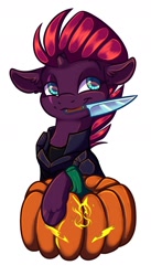 Size: 850x1550 | Tagged: safe, artist:banoodle, character:fizzlepop berrytwist, character:tempest shadow, species:pony, species:unicorn, g4, armor, broken horn, clothing, commission, cute, halloween, holiday, horn, knife, pumpkin, pumpkin carving, scar, simple background, solo, tempestbetes, white background, ych result