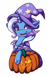 Size: 1000x1650 | Tagged: safe, artist:banoodle, character:trixie, species:pony, species:unicorn, g4, cape, clothing, commission, cute, diatrixes, halloween, hat, holiday, knife, pumpkin, pumpkin carving, simple background, solo, trixie's cape, trixie's hat, white background, ych result