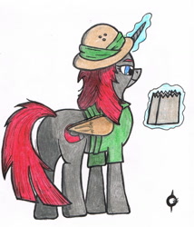 Size: 1148x1339 | Tagged: safe, artist:assertiveshypony, character:magnet bolt, species:pony, species:unicorn, g4, bag, cardboard wings, clothing, cosplay, costume, daring do cosplay, daring do costume, fake wings, female, hat, magic, simple background, solo, traditional art, white background