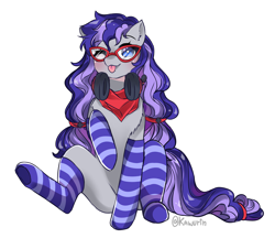 Size: 3218x2911 | Tagged: safe, artist:kawurin, oc, oc only, oc:cinnabyte, species:earth pony, species:pony, g4, clothing, commission, glasses, headphones, simple background, sitting, sketch, socks, solo, striped socks, tongue out, white background
