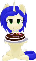 Size: 813x1380 | Tagged: safe, artist:alicorn-without-horn, character:pinkie pie, character:twilight sparkle, oc, oc:crystal reverie, species:alicorn, species:earth pony, species:pony, species:unicorn, g4, cake, candle, food, happy birthday mlp:fim, mlp fim's tenth anniversary, simple background, sitting, stick pony, transparent background