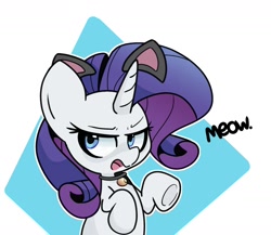 Size: 1606x1396 | Tagged: safe, artist:kindakismet, character:rarity, species:pony, species:unicorn, g4, abstract background, bell, bell collar, bust, cat ears, collar, cute, female, mare, open mouth, raribetes, raricat, rarity is not amused, simple background, solo, unamused, white background