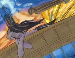 Size: 1099x852 | Tagged: safe, artist:skunkstripe, character:octavia melody, g4, balcony, building, rooftop, solo, sunset