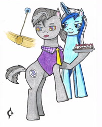 Size: 1214x1509 | Tagged: safe, artist:assertiveshypony, character:minuette, character:octavio pie, species:earth pony, species:pony, species:unicorn, g4, spoiler:pony life s01e39, cake, clothing, food, hypnosis, hypnotized eyes, magic, pie vs. pie, pocket watch, simple background, traditional art, white background
