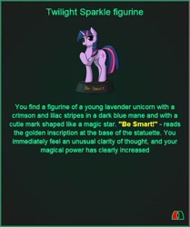 Size: 505x605 | Tagged: safe, artist:dipfanken, edit, edited screencap, editor:fluttershyisnot adoormat, screencap, character:twilight sparkle, fallout equestria, g4, figurine, game, game: fallout equestria: remains, ministry mares statuette, text