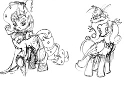 Size: 700x513 | Tagged: safe, artist:emilou1985, character:fluttershy, character:rarity, species:pony, g4, clothing, hat, monochrome, sketch, witch hat