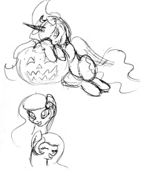 Size: 800x977 | Tagged: safe, artist:emilou1985, character:princess celestia, character:princess luna, species:pony, g4, halloween, holiday, jack-o-lantern, missing horn, monochrome, pumpkin, sketch, traditional art