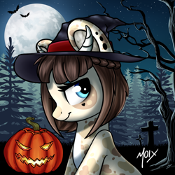 Size: 1080x1080 | Tagged: safe, artist:supermoix, oc, species:pony, g4, clothing, halloween, hat, holiday, moon, solo, tree, witch hat