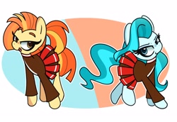 Size: 2548x1754 | Tagged: safe, artist:kindakismet, character:lighthoof, character:shimmy shake, species:earth pony, species:pony, g4, abstract background, cheerleader, cheerleader outfit, clothing, duo, female, lidded eyes, looking at you, mare, open mouth