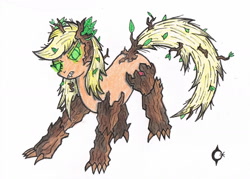 Size: 1630x1166 | Tagged: safe, artist:assertiveshypony, character:applejack, species:earth pony, species:pony, g4, claws, drawing, female, glowing eyes, leaf, race swap, simple background, species swap, timber pony, timber wolf, timberjack, traditional art, white background