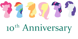 Size: 1200x600 | Tagged: safe, artist:assertiveshypony, character:applejack, character:fluttershy, character:pinkie pie, character:rainbow dash, character:rarity, character:twilight sparkle, species:alicorn, species:pegasus, species:pony, species:unicorn, g4, digital art, happy birthday mlp:fim, mane six, mlp fim's tenth anniversary, simple background, simplified, transparent background, writing