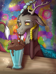 Size: 768x1024 | Tagged: safe, artist:delfinaluther, character:discord, species:draconequus, g4, abstract background, chaos, cute, discute, drinking, milkshake, solo