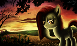 Size: 854x512 | Tagged: safe, artist:dreamyskies, oc, species:pony, g4, cloud, complex background, detailed, detailed background, looking at you, pony oc, scenery, signature, sunset