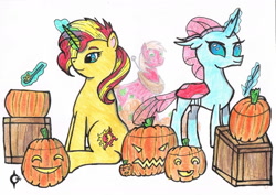 Size: 1624x1149 | Tagged: safe, artist:assertiveshypony, character:big mcintosh, character:ocellus, character:sunset shimmer, species:changedling, species:changeling, species:earth pony, species:pony, species:unicorn, g4, box, drawing, halloween, holiday, jack-o-lantern, knife, pumpkin, simple background, spoon, traditional art, white background