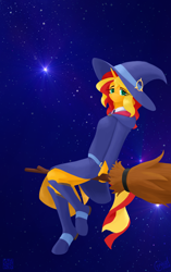 Size: 1440x2300 | Tagged: safe, artist:alicorn-without-horn, character:sunset shimmer, species:anthro, species:pony, species:unguligrade anthro, species:unicorn, g4, broom, clothing, crossover, diana cavendish, female, flying, flying broomstick, hat, little witch academia, night, night sky, sky, solo, stars, witch, witch hat