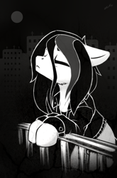 Size: 1975x2999 | Tagged: safe, artist:dipfanken, oc, oc only, species:earth pony, species:pony, g4, city, clothing, eyes closed, jacket, monochrome, solo