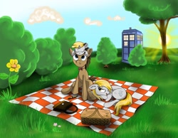 Size: 1548x1200 | Tagged: safe, artist:hereticofdune, character:derpy hooves, character:dinky hooves, character:doctor whooves, character:time turner, ship:doctorderpy, female, filly, male, picnic, scenery, shipping, sonic screwdriver, straight, tardis