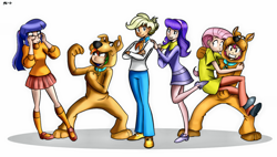 Size: 1280x725 | Tagged: safe, artist:megasweet, artist:trelwin, character:applejack, character:fluttershy, character:pinkie pie, character:rainbow dash, character:rarity, character:twilight sparkle, canter girls, cosplay, costume, humanized, mane six, parody, scooby doo, scrappy doo