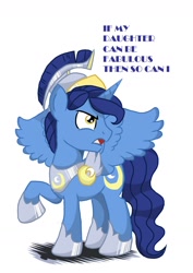 Size: 1024x1448 | Tagged: dead source, safe, artist:teammagix, character:night light, species:alicorn, species:pony, alicornified, annoyed, dialogue, helmet, horseshoes, male, race swap, simple background, solo, stallion, white background