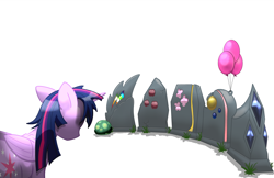 Size: 4096x2661 | Tagged: safe, artist:oddwarg, character:tank, character:twilight sparkle, character:twilight sparkle (alicorn), species:alicorn, species:pony, balloon, cutie mark, death, feels, female, gem, grave, immortality blues, implied applejack, implied fluttershy, implied pinkie pie, implied rainbow dash, implied rarity, mare, messy mane, sad, simple background, white background