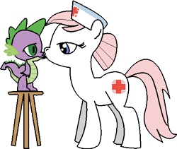 Size: 471x398 | Tagged: safe, artist:youwillneverkno, character:nurse redheart, character:spike, female, kissing, male, shipping, spikeheart, straight