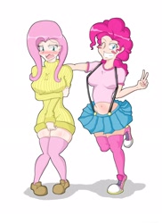Size: 1700x2338 | Tagged: safe, artist:janji009, character:fluttershy, character:pinkie pie, breasts, busty fluttershy, clothing, converse, female, humanized, shoes, skirt, suspenders, sweater, sweatershy