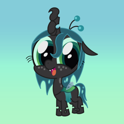 Size: 500x500 | Tagged: safe, artist:starwingcorona, artist:syggie, character:queen chrysalis, species:changeling, ask the changeling princess, big eyes, changeling queen, crown, cute, cutealis, fangs, female, filly, filly queen chrysalis, foal, freckles, gradient background, happy, jewelry, looking at you, nymph, regalia, small wings, smiling, solo, standing, wings, younger