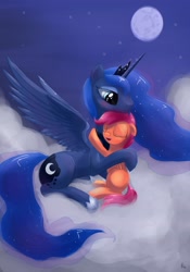 Size: 2646x3785 | Tagged: safe, artist:hieronymuswhite, character:princess luna, character:scootaloo, species:alicorn, species:pegasus, species:pony, blushing, cloud, cloudy, cute, duo, eyes closed, female, filly, hug, maternaluna, moon, night, open mouth, prone, scootalove, sitting, smiling, spread wings, wings