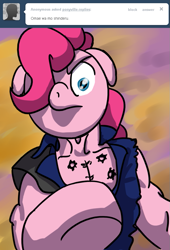 Size: 641x940 | Tagged: safe, artist:full stop, character:pinkie pie, crossover, female, hokuto no ken, looking at you, ponyville replies, solo, you are already dead