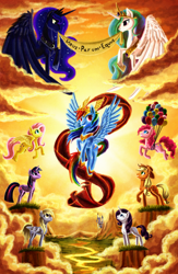 Size: 1380x2120 | Tagged: safe, artist:whitestar1802, character:applejack, character:derpy hooves, character:fluttershy, character:pinkie pie, character:princess celestia, character:princess luna, character:rainbow dash, character:rarity, character:twilight sparkle, species:pegasus, species:pony, canterlot, crown, female, mane six, mare, the apotheosis of george washington