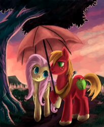 Size: 986x1200 | Tagged: safe, artist:whitestar1802, character:big mcintosh, character:fluttershy, species:earth pony, species:pony, ship:fluttermac, male, shipping, stallion, straight, tree, umbrella